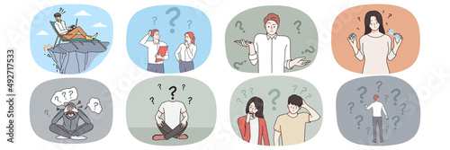 Set of stressed frustrated people think contemplate looking for business solution. Collection of men and women decide make choice solving problem or dilemma. Vector illustration. 