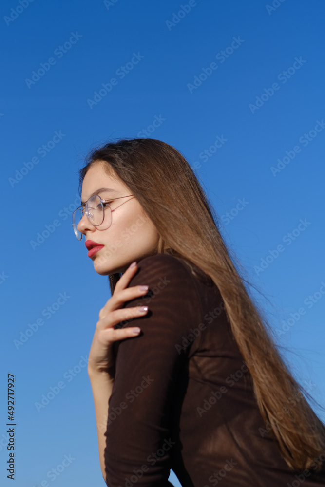 portrait of an elegant girl with long brown hair against blue sky