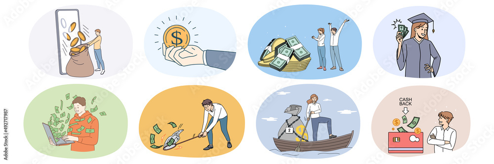 Naklejka premium Set of people with coins and banknotes excited with money income or profit. Collection of diverse men and women saving finances for future need. Dividend and passive revenue. Vector illustration. 