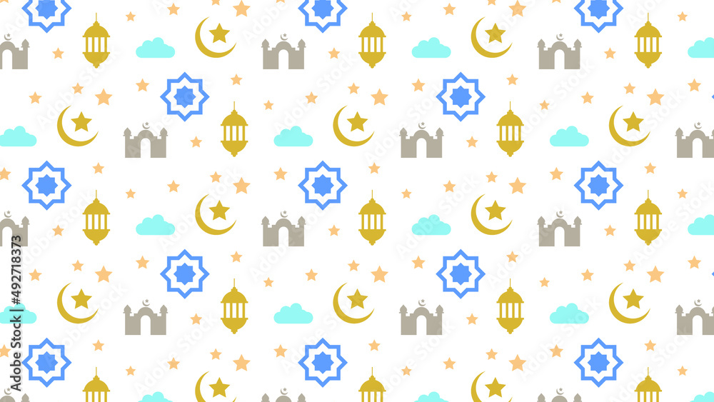 Islamic seamless pattern with Mosque, stars, moon, and lamp Islamic seamless pattern with Mosque, stars, moon, and lamp