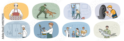 Set of diverse male occupations and professions. Collection of man employee at work, job workplace. Dog trainer and mechanic. Pastry chef and waiter. Vet doctor and fisherman. Vector illustration. 