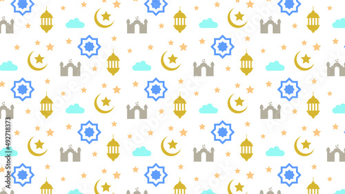 Fototapeta Naklejka Na Ścianę i Meble -  Islamic seamless pattern with Mosque, stars, moon, and lamp 