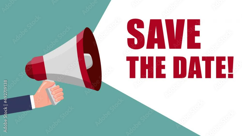hands of businessman hold megaphone and save the date text animation.4K motion animation.