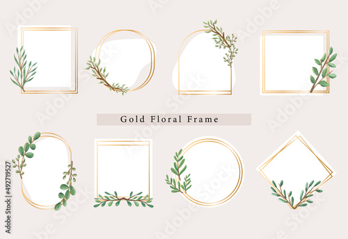 Wedding frame with floral leaves and branches element. Botanical logo golden frame shape collection. Text box set.