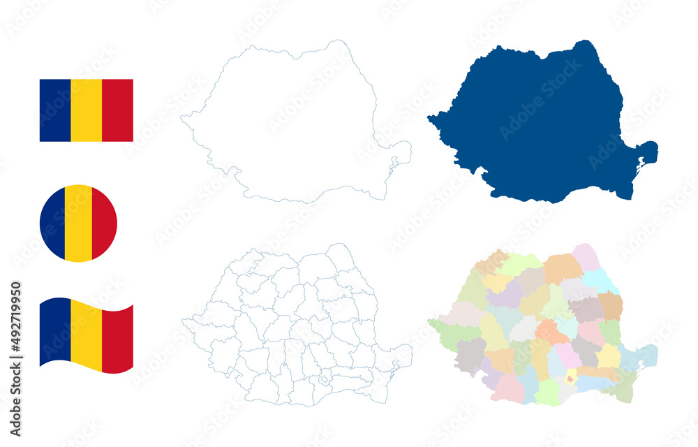 Romania map. Detailed blue outline and silhouette. Administrative divisions and counties. Country flag. Set of vector maps. All isolated on white background. Template for design and infographics.