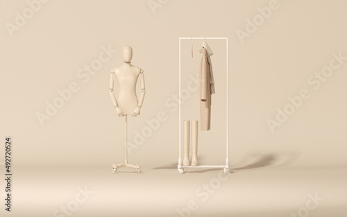 Clothes on shelf and mannequin on beige background. Creative composition. Light background with copy space. 3D render for web page, presentation, studio.