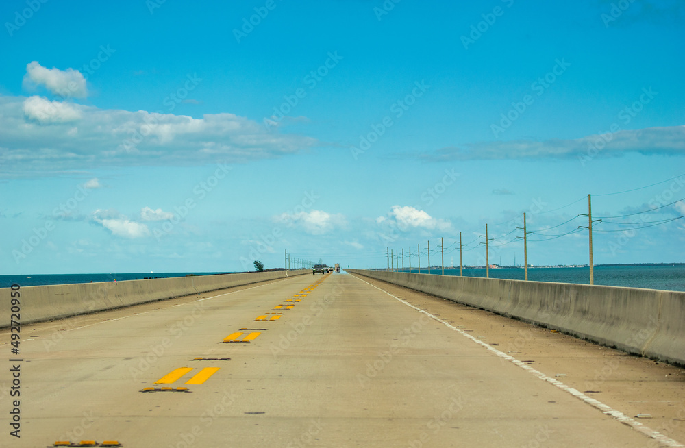 Car traffic along Overseas Highway, Florida Keys.