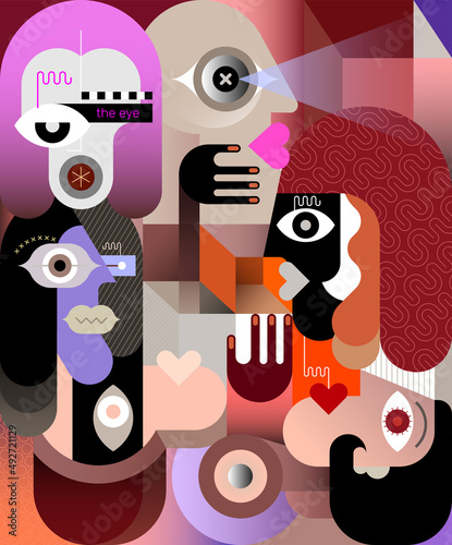 Large Group of People modern cubism digital painting, vector illustration. Design of human faces and abstract geometric shapes. 