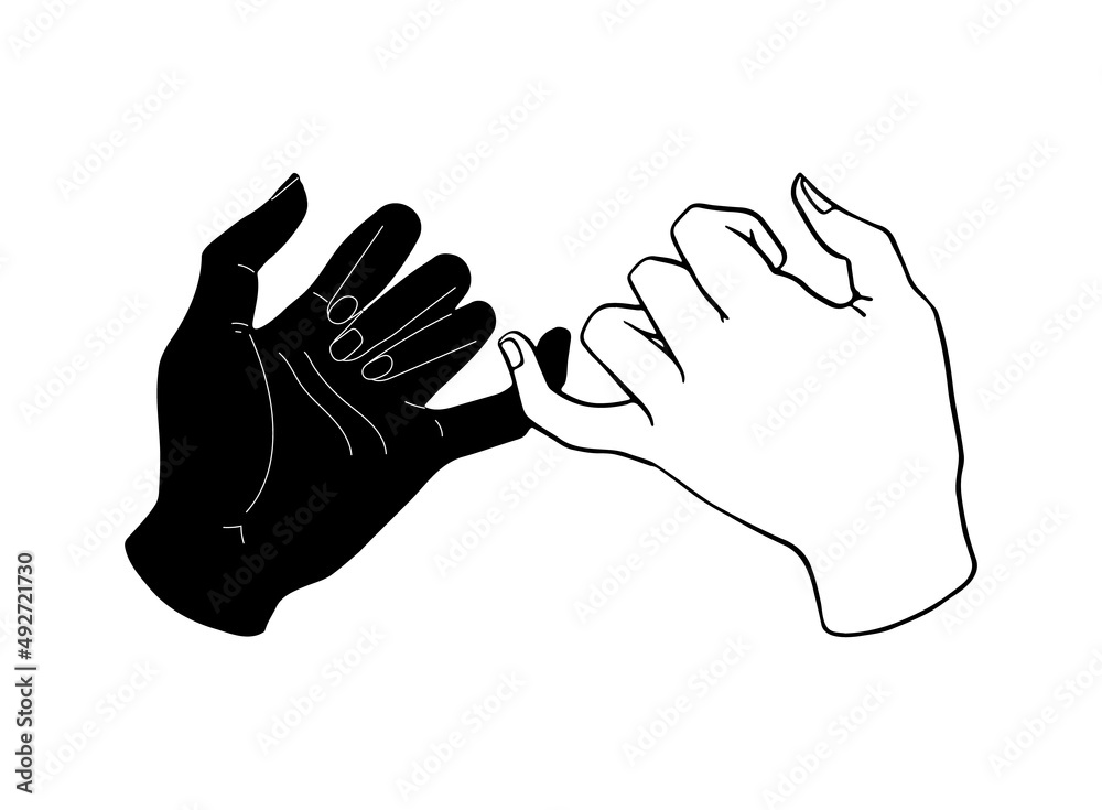 Obraz premium Pinky promise. Black and white hand silhouette. Vector illustration of a pair of people's hands swearing on a white background. Little fingers hand drawn.