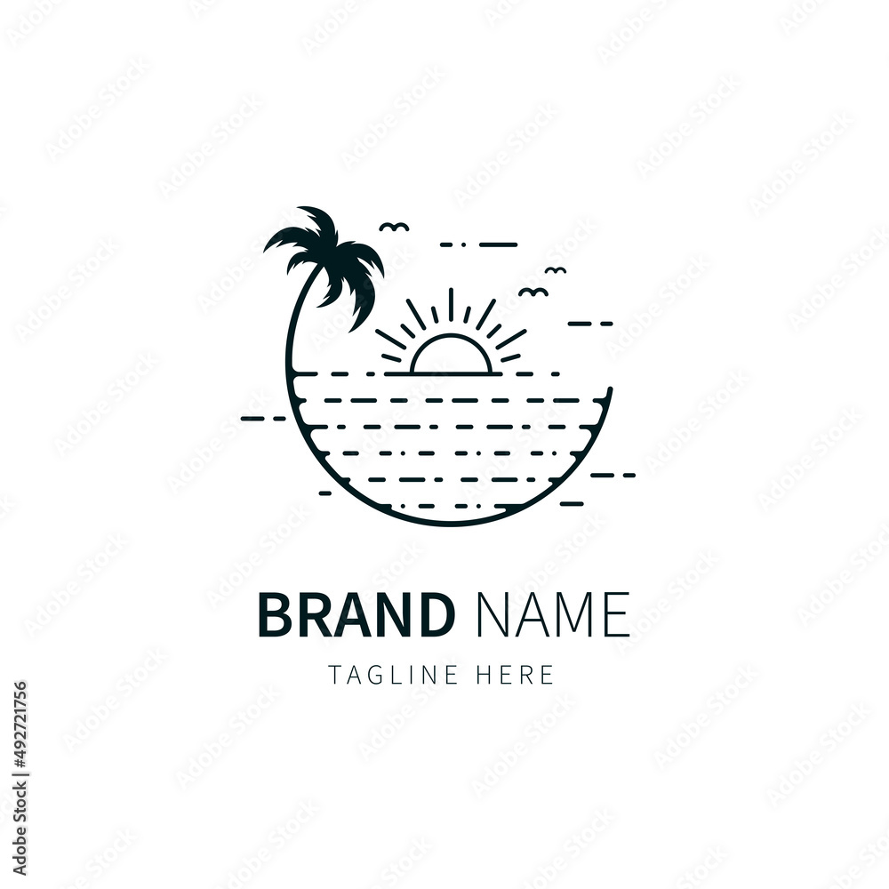 beach logo. beach illustration with palm trees inline style. flat design icon vector