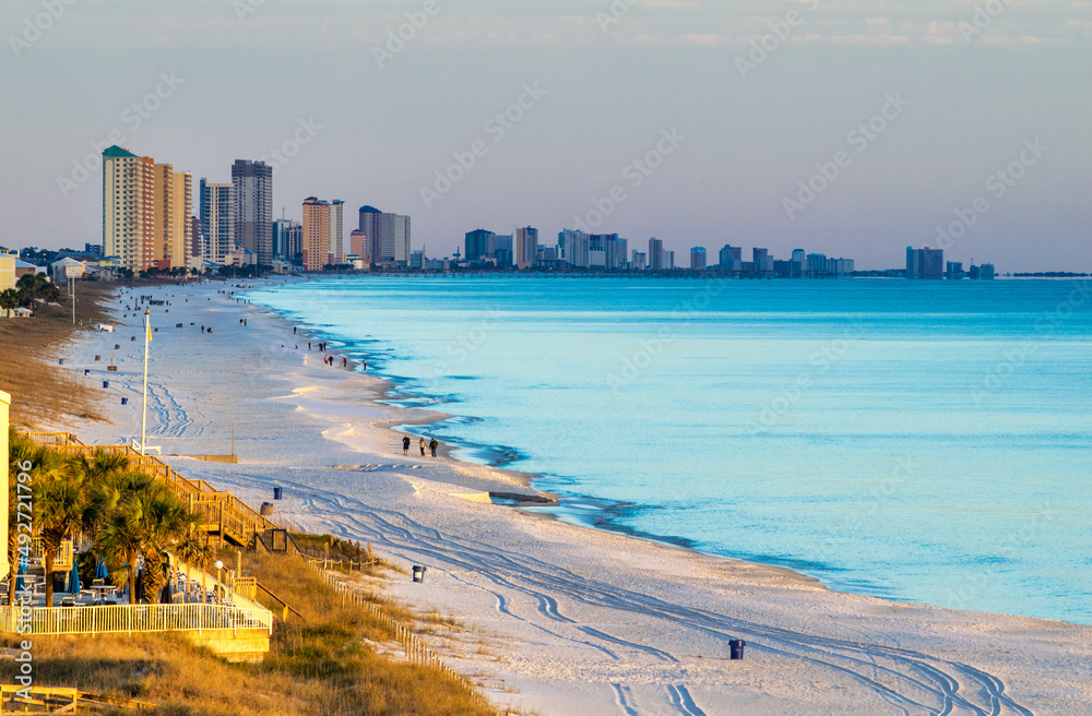 Panama City Beach coastline at sunset, Florida.