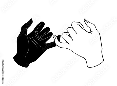 Pinky promise. Black and white hand silhouette. Vector illustration of a pair of people's hands swearing on a white background. Little fingers hand drawn.