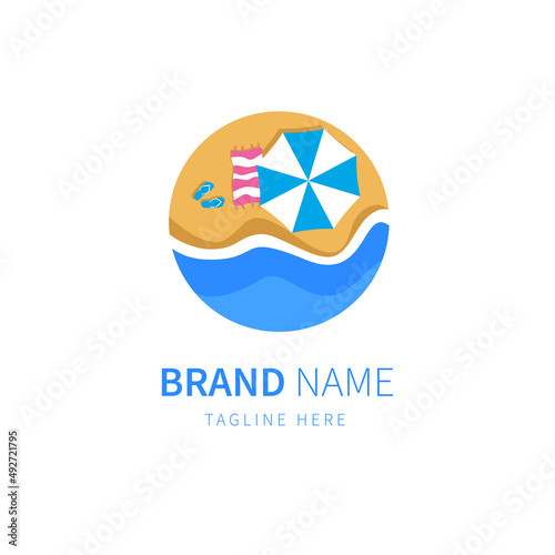 Beach logo vector. summer vacation with beach umbrellas and blankets. flat design icon