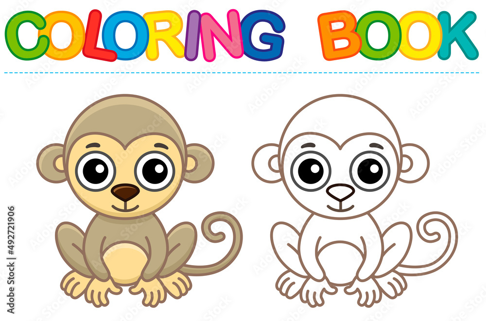 Zoo animal for children coloring book. Funny monkey in a cartoon style. Trace the dots and color the picture