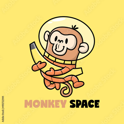 A CUTE MONKEY IN AN ASTRONAUT SUIT IS BRINGING A BIG BANANA. PREMIUM CARTOON VECTOR.