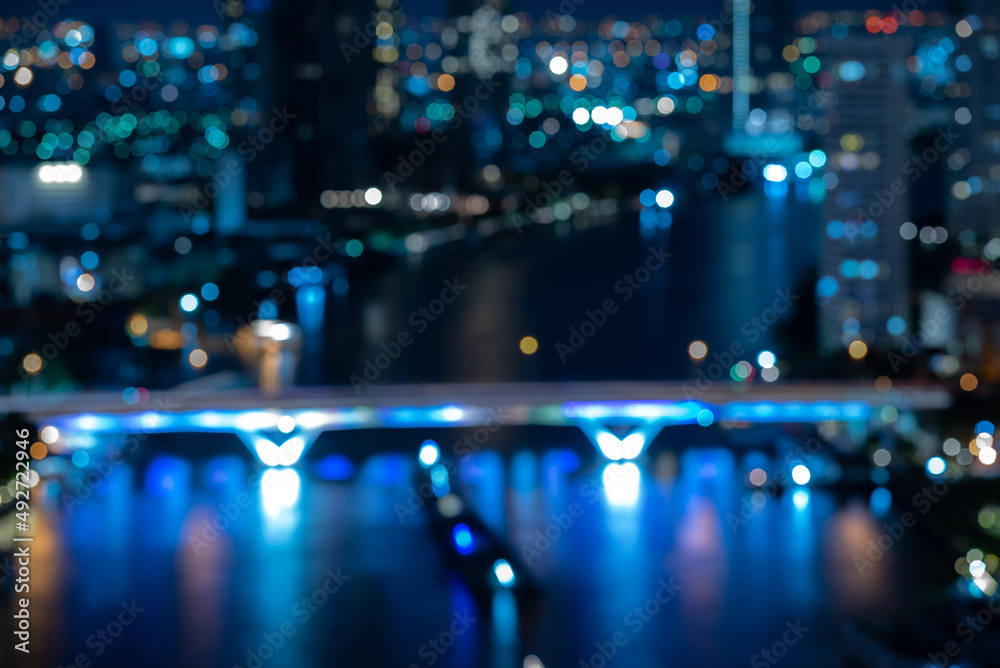 abstract blurry background of city night light, cityscape background in defocus with colorful light of city urban, modern lifestyle using for travel and business concept