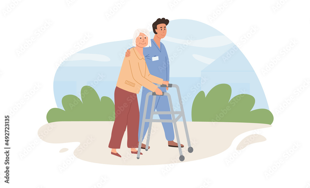 Male nurse or volunteer helps elderly patient with orthopedic walker. Caregiver and old age woman walking outdoors. Physical activity, physiotherapy, therapy rehabilitation. Vector flat illustration.