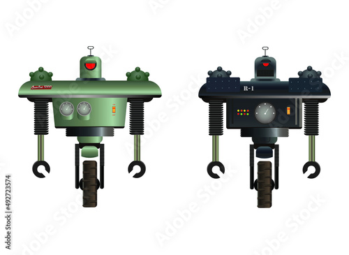 set of atompunk one wheel robots, 1950's sci-fi robotic guard concept, vector illustration