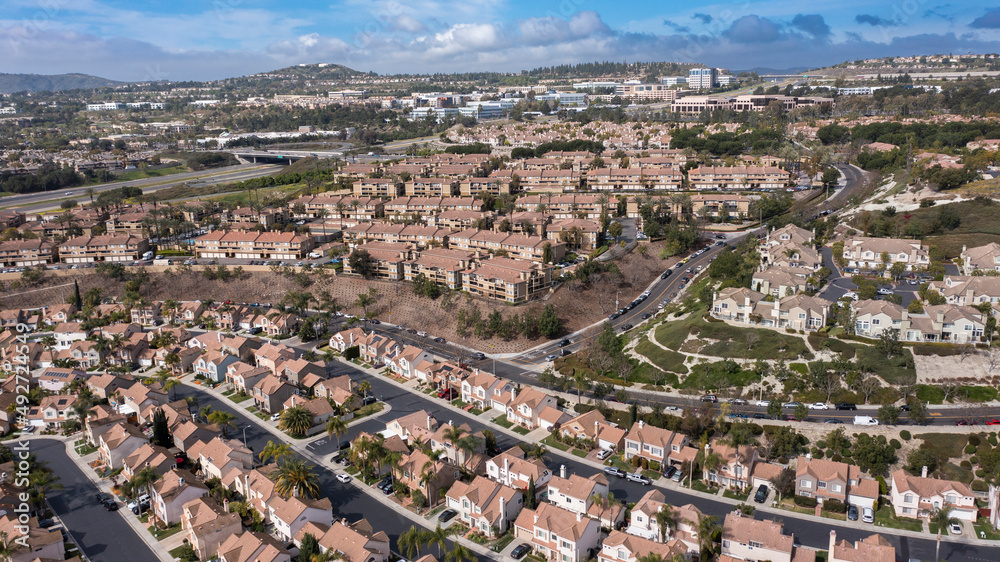 Aerial view of the urban core of Orange County city of Aliso Viejo, California, USA.