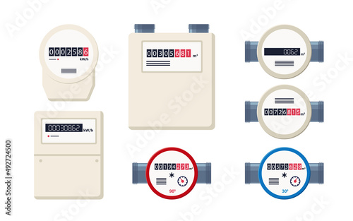 Gas, water and electric meters. Industrial and household meters set. Fuel, water and electricity consumption control. Gas counter. Collection of flat vector illustrations isolated on white background.