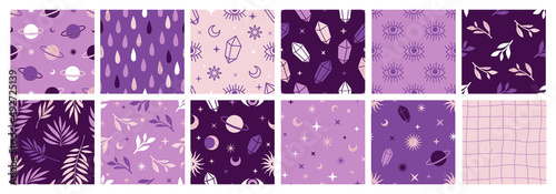 Boho celestial seamless patterns with with constellations, sun, moon, magic eyes, stars, cosmic and floral elements.