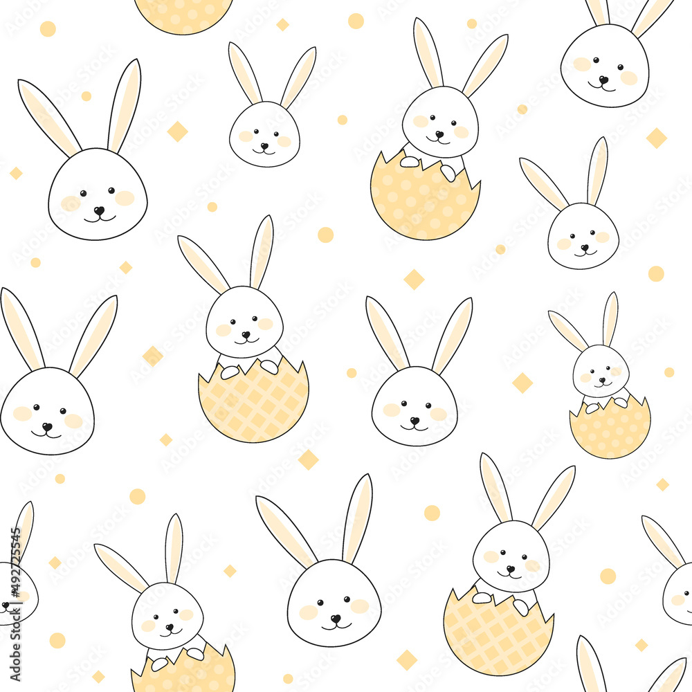 Fototapeta premium Easter pattern with bunnies and eggs. Vector