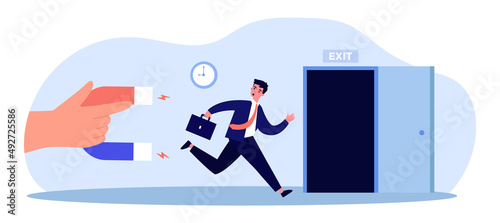 Businessman running away to exit business from collectors. Man afraid of magnet in giant hand flat vector illustration. Debt, tax, finance concept for banner, website design or landing web page