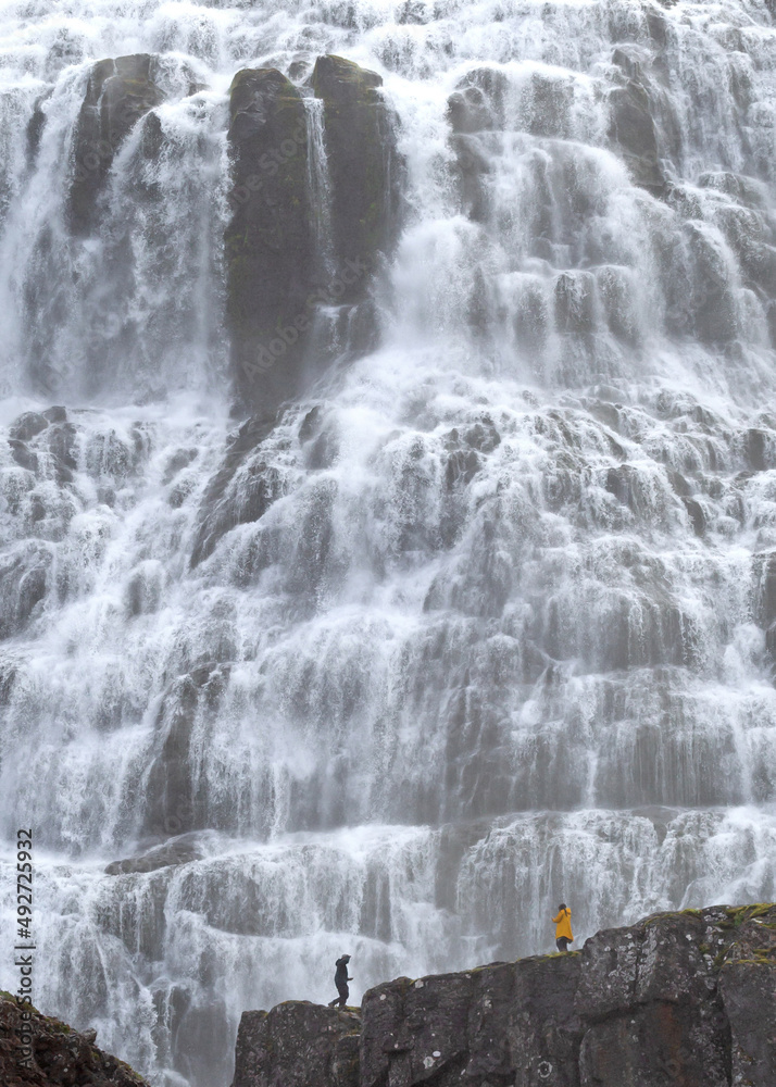 Obraz premium Dynjandi, Iceland on august 6, 2021: Dynjandi is the most famous waterfall of the West Fjords, Iceland