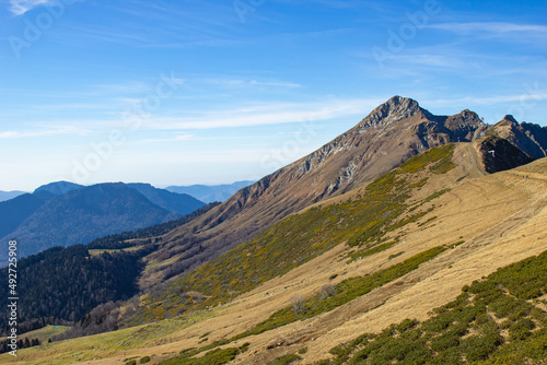 Majestic mountain landscapes with peaks and valleys. A great place for active recreation for tourists and travelers