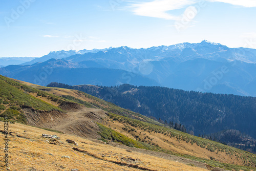 Majestic mountain landscapes with peaks and valleys. A great place for active recreation for tourists and travelers