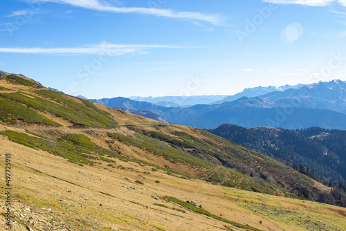 Majestic mountain landscapes with peaks and valleys. A great place for active recreation for tourists and travelers