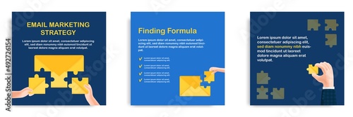 3D cartoon style. Social media informative email marketing strategy tips post banner template layout design. Hand holding yellow mail puzzle.