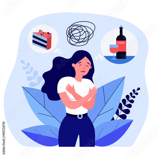 Wine and sweets addict with anxiety and confusion in head. Sad confused girl with psychological problem flat vector illustration. Addiction concept for banner, website design or landing web page