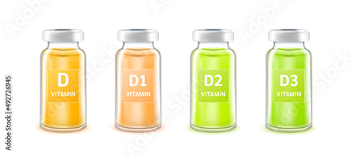Serum collagen vitamin D inside bottle. Medicine injection of IV drip vitamins and minerals for health. Medical aesthetic concept. Glass vaccine bottle set. Isolated on white background. 3D vector.