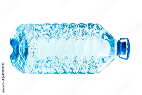 Large plastic bottle with drinking water isolated on a white background. Pure mineral water is bottled and closed with a lid in a big blue container. Delivery of water to the customer.