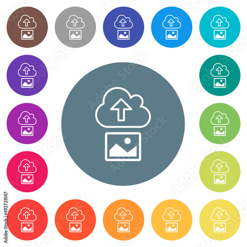 Upload image to cloud outline flat white icons on round color backgrounds
