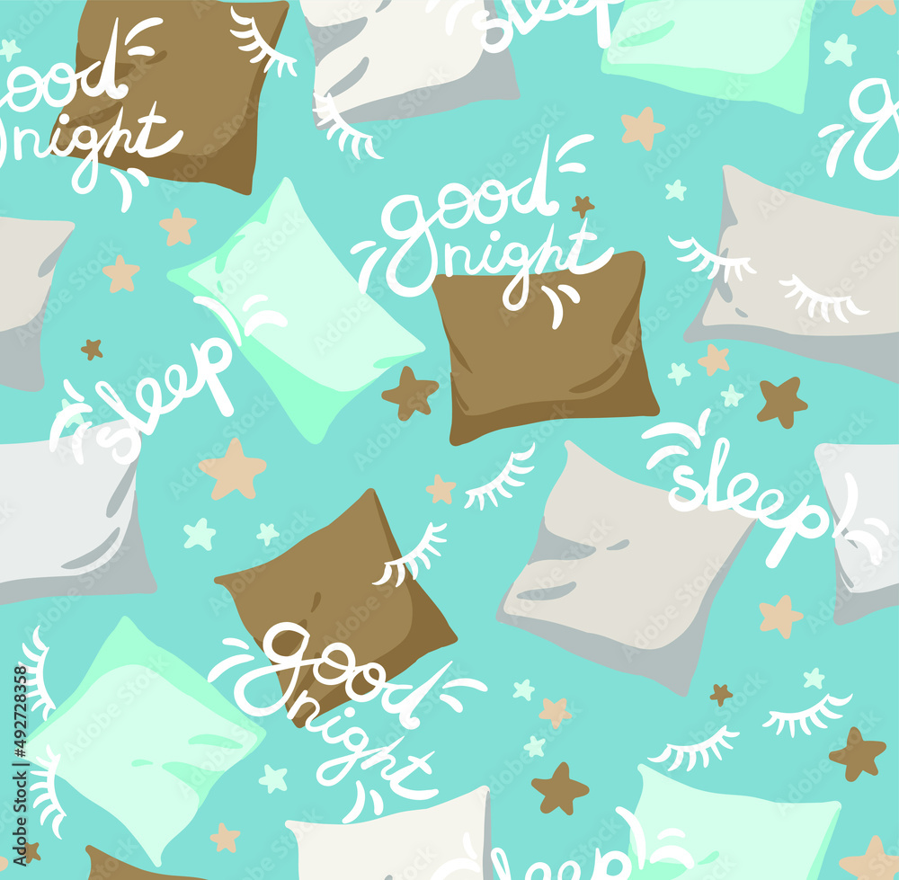 
Vector seamless pattern with hand drawn pillows and stars. Blank for printing on paper and fabrics. Print for pajamas and textiles for bed linen.