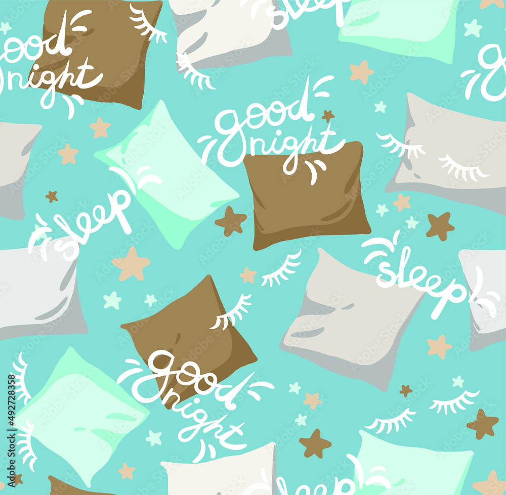 Naklejka premium Vector seamless pattern with hand drawn pillows and stars. Blank for printing on paper and fabrics. Print for pajamas and textiles for bed linen.