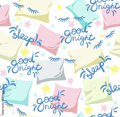 
Vector seamless pattern with hand drawn pillows and stars. Blank for printing on paper and fabrics. Print for pajamas and textiles for bed linen.