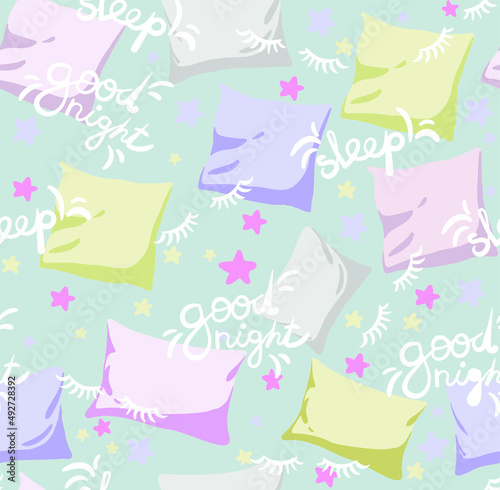 
Vector seamless pattern with hand drawn pillows and stars. Blank for printing on paper and fabrics. Print for pajamas and textiles for bed linen.