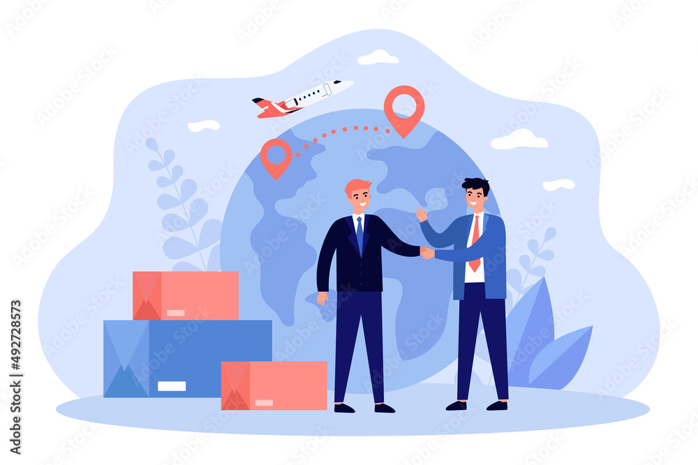 Businessmens agreement on international delivery by plane. Handshake and deal of tiny male partners flat vector illustration. Export, logistics concept for banner, website design or landing web page