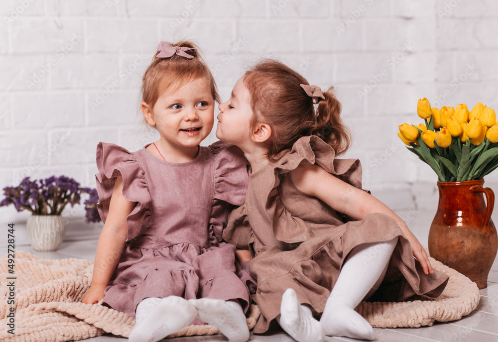 two little girls in beautifull dresses at the studio with flowers two little girls in beautifull dresses at the studio with flowers