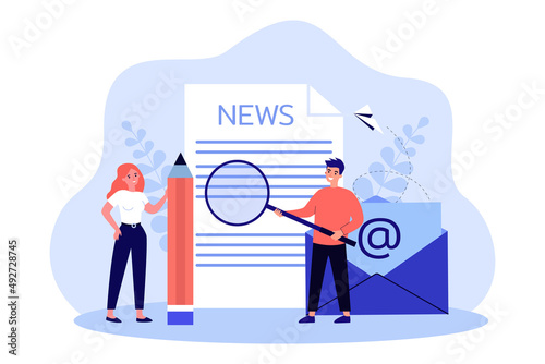 Finding and publishing news by people. Tiny man and woman holding magnifying glass and pencil flat vector illustration. Marketing campaign concept for banner, website design or landing web page