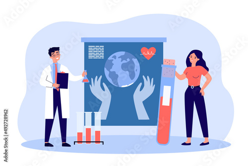 Study of human blood and health of heart by scientists. Tiny woman holding test tube for experiment flat vector illustration. Medicine, research concept for banner, website design or landing web page