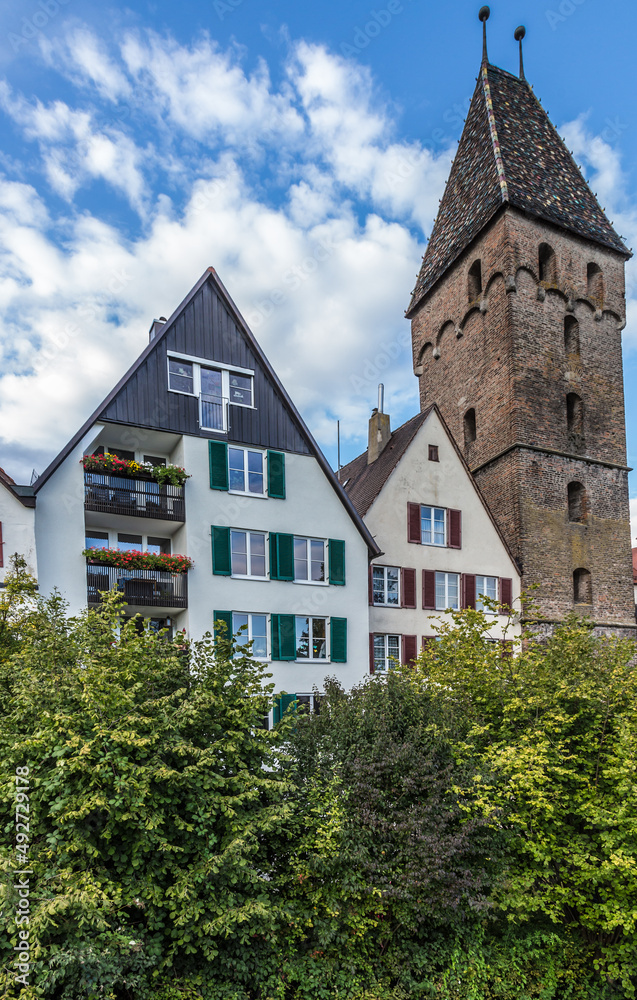 Ulm, Germany. Butcher's tower (Metzgerturm) and old buildings on the Danube embankment 