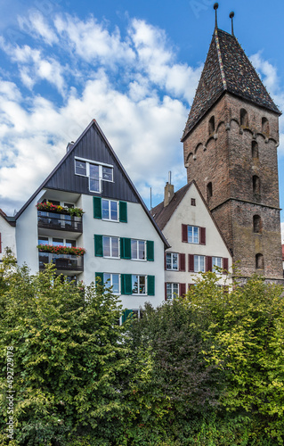 Ulm, Germany. Butcher's tower (Metzgerturm) and old buildings on the Danube embankment 