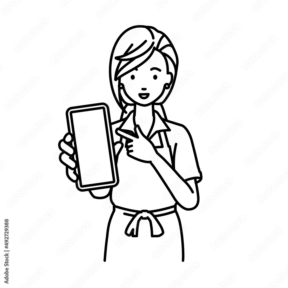 立ってスマートフォンを指差してこちらに向けて見せているエプロンをした店員の女性 立ってスマートフォンを指差してこちらに向けて見せているエプロンをした店員の女性