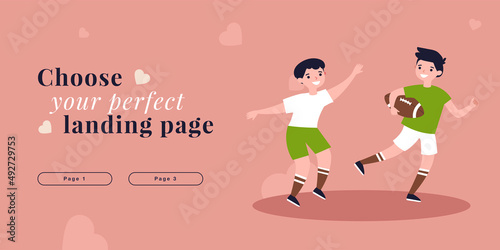 Team of kids playing rugby or American football. Girl and boys running on field with ball flat vector illustration. Childhood, sport activity concept for banner, website design or landing web page