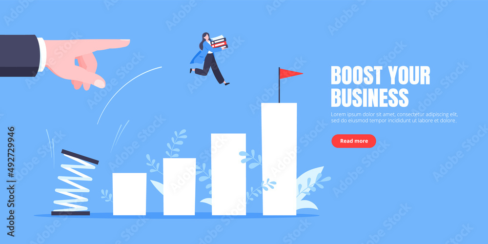 Fototapeta premium Business mentor helps to improve career with springboard vector illustration. Business person jumps above career ladder graph. Success growth, motivation opportunity, boost career concept.