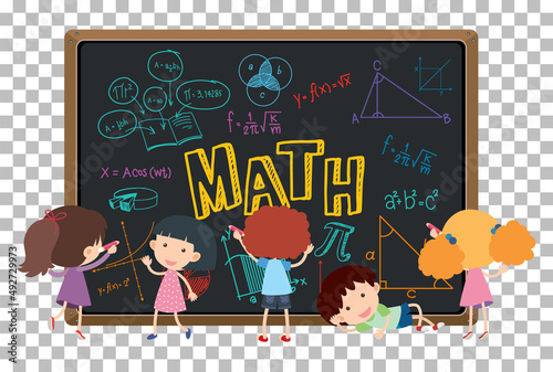 Student in front of blackboard full of math formula grid background